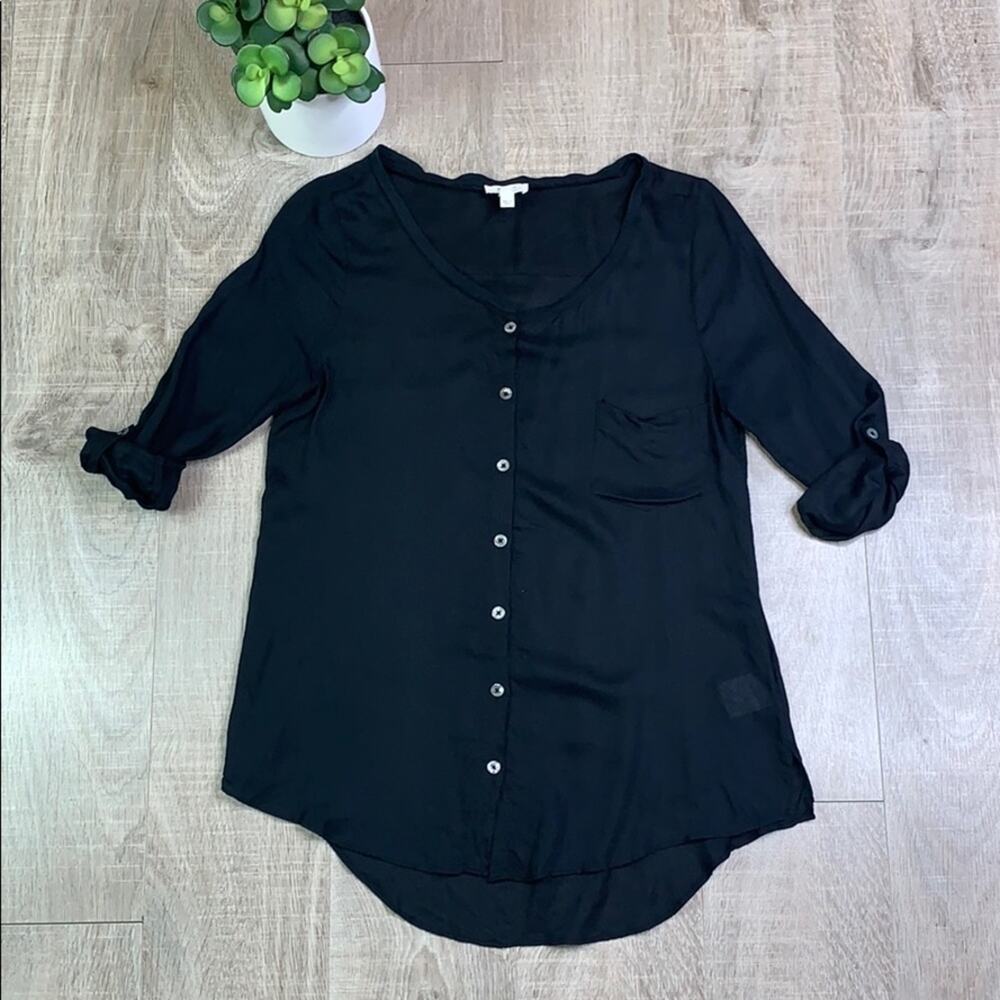 Soft Joie Black Elbow Sleeve High Low Button Front Blouse Women's Size XS
